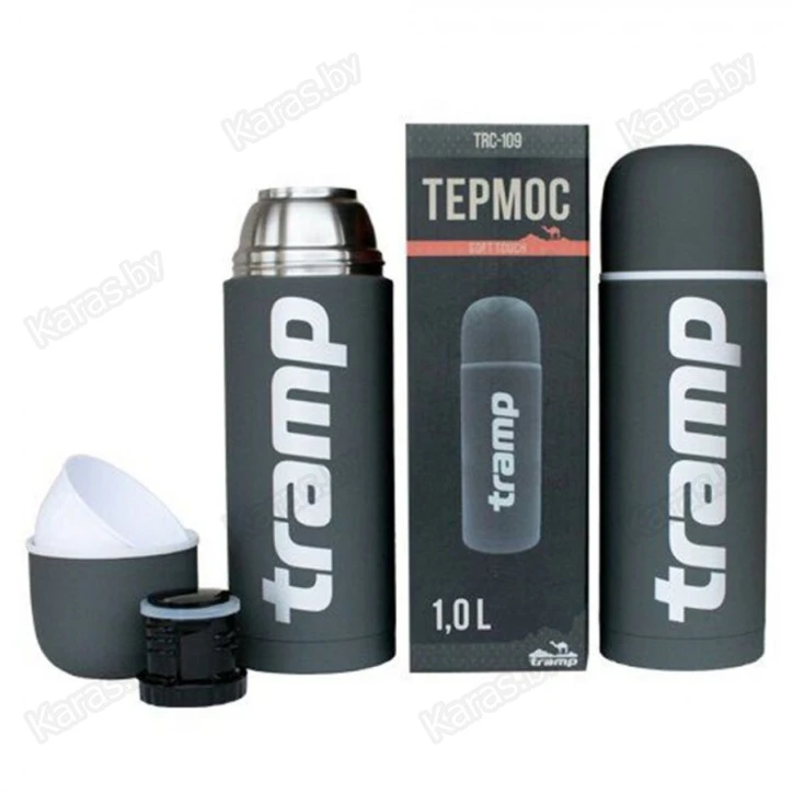 Термос TRAMP Soft Touch 1,0 л с дополнительной чашкой (серый)